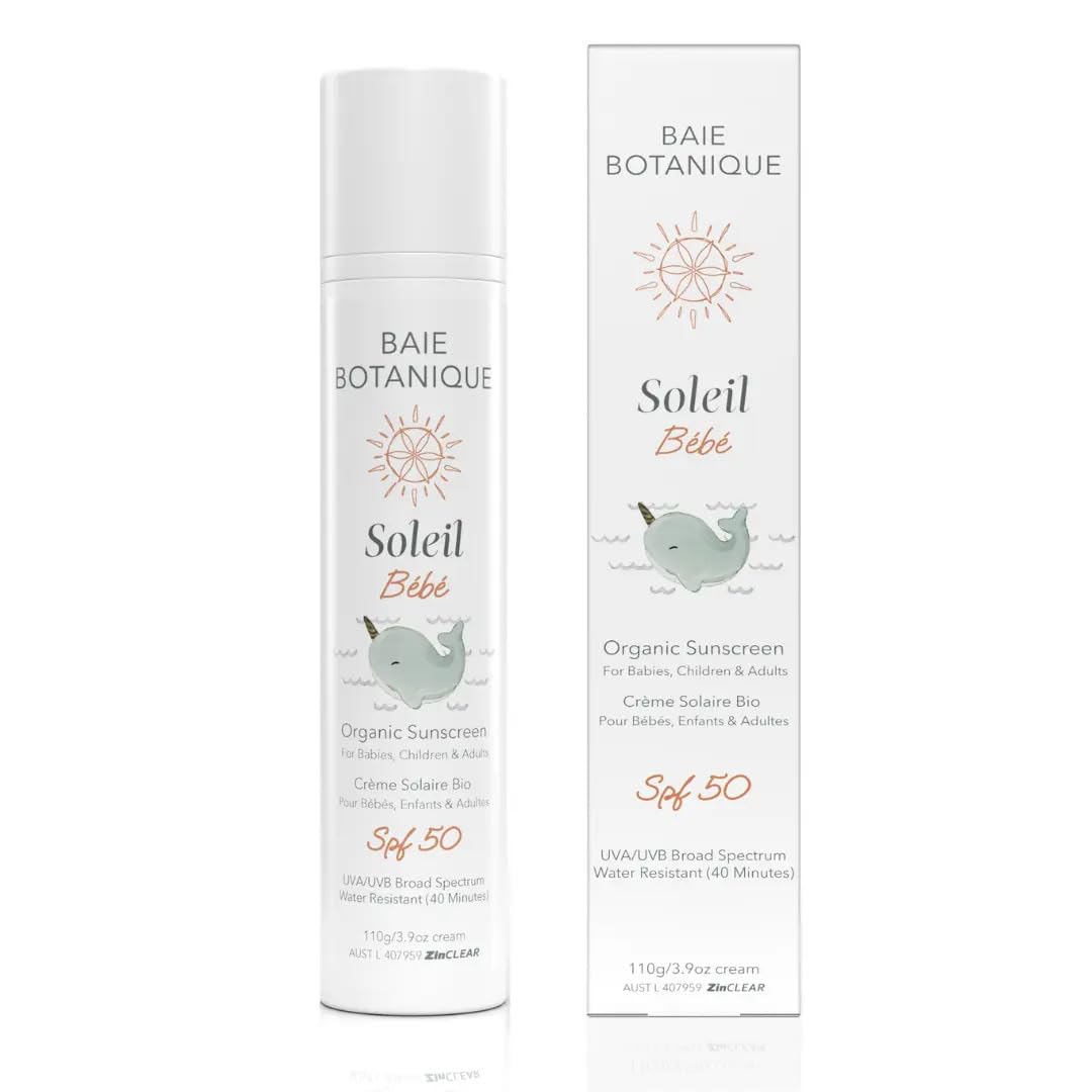 NEW - Baie Botanique Soleil Bébé - Organic Non-Toxic Mineral Baby & Children Sunscreen SPF 50 - Sunflower & Jojoba - Unscented - Natural - Vegan - No White Cast - Reef Safe - UVA/UVB - 110g