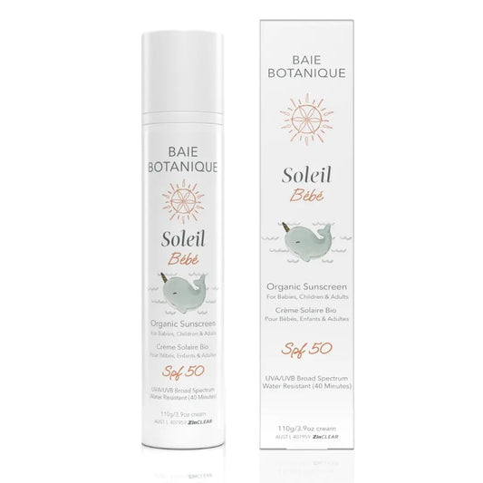 NEW - Baie Botanique Soleil Bébé - Organic Non-Toxic Mineral Baby & Children Sunscreen SPF 50 - Sunflower & Jojoba - Unscented - Natural - Vegan - No White Cast - Reef Safe - UVA/UVB - 110g