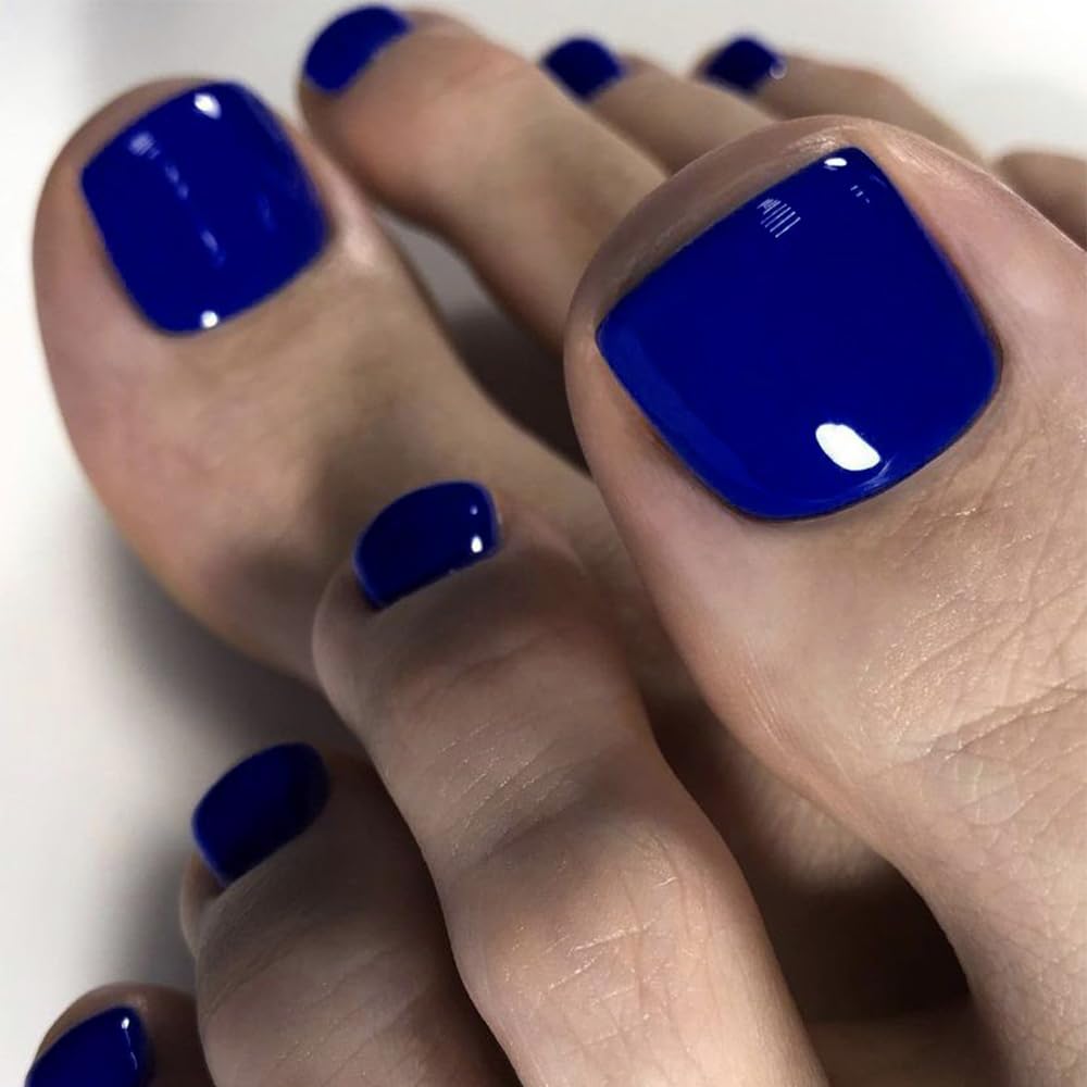 KQueenest Royal Blue Toe Nails False Short Square, Glossy Gel Fake Toe Nails, Pure Color Press on Toes Nail, Acrylic Toe Press on Nail for Women Summer Beach Daily Wear in 24 Pcs