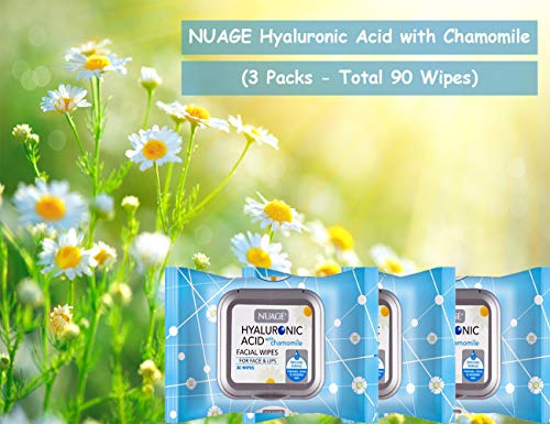 Nuage Hyaluronic Acid Skin Renewing Facial Wipes with Chamomile for Cleansing and Moisturising Sensitive and All Skin Types 30 Wipes (3 Pack - Total 90 Wipes)