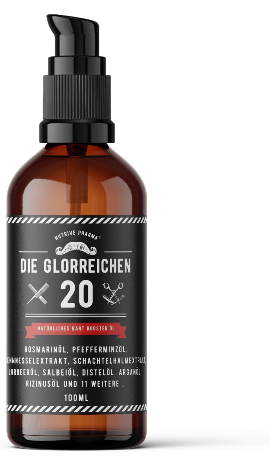 nutrive pharma G-20 Beard Oil 100 ml Rosemary Oil Mint Oil Beard Growth Oil with Nettle Oil, Horsetail Oil, Sage Oil, Bay Oil, Castor Oil, Argan, Jojoba, Vitamin E and More, Original Serum for a Long and Thick Beard