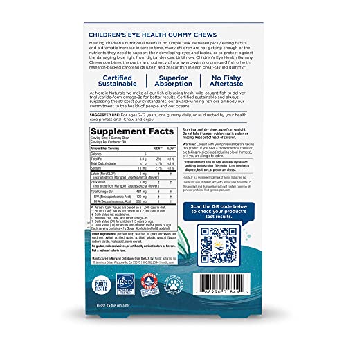 Nordic Naturals Children’s Eye Health Gummies, Strawberry Lemonade - 30 Gummies for Kids - 484 mg Total Omega-3s DHA, Lutein & Zeaxanthin - Brain Health, Antioxidant Support, Non-GMO - 30 Servings