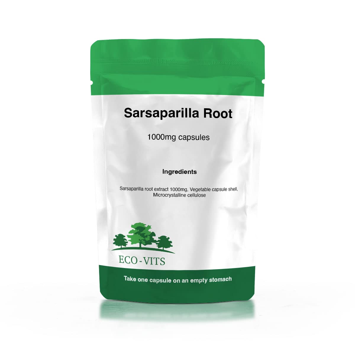 ECO-VITS Sarsaparilla Root (1000MG) 365 CAPS. Recyclable Packaging. Sealed Pouch