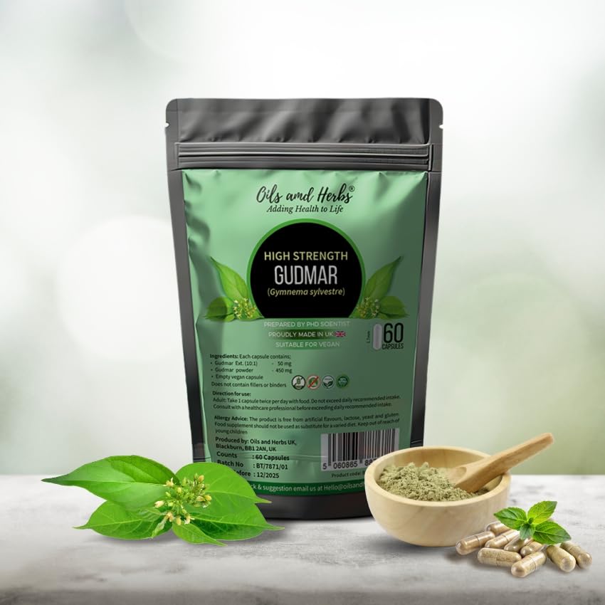 Oils and Herbs Adding Health to Life Super Strength Gudmar Capsules 1900MG – Gymnema Sylvestre Supplement – No Fillers or Binders – Made in UK – Vegan – 60 Capsules – Blood Sugar Support