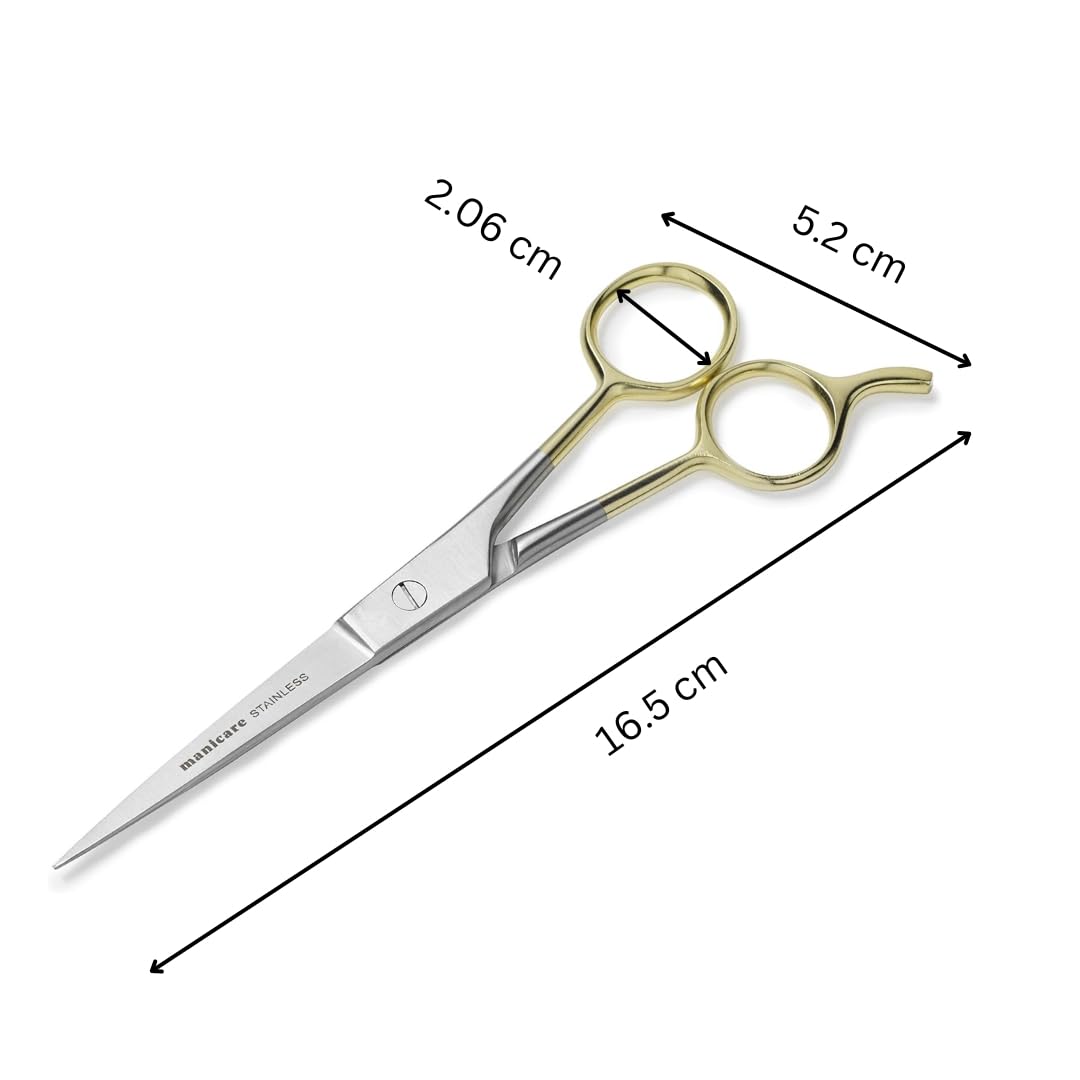 Manicare Hairdressing Scissors, Professional Japanese Stainless Steel, Barber Hair Scissor, Cutting Shears, For At Home Or Salon, Gold Plated Handles With Finger Rest, Use For Trimming Wet Or Dry Hair