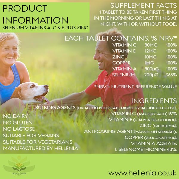 Hellenia Selenium 200ug Vitamins A,C,E + Zinc - 90 Tablets - Antioxidant Formula