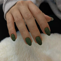 KQueenest Olive Green Press on Nails Short Oval, Short False Nails Almond, Glossy Solid Round Fake Nails Set, Reusable Moss Green Gel Stick on Nail for Women Finger Daily Wear 24 Pcs