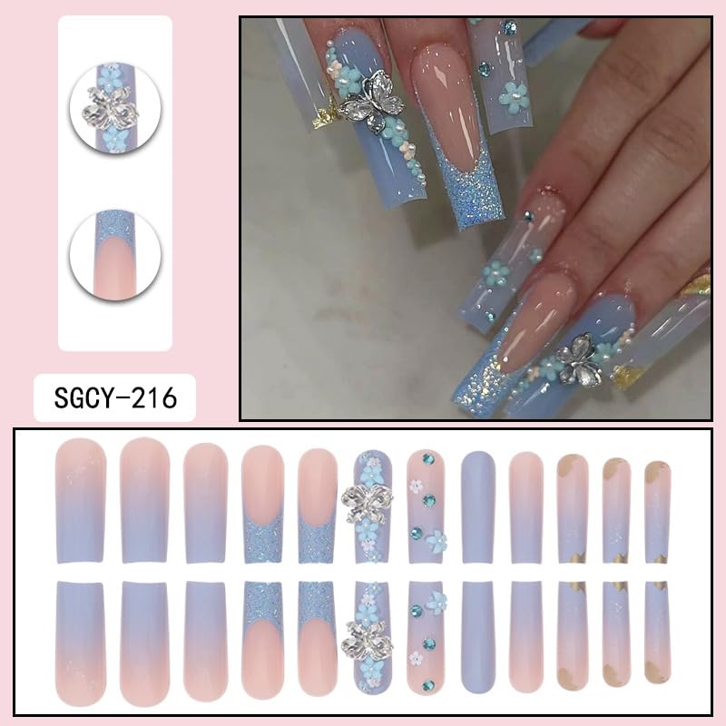 Maggidea Square False Nails, Blue Acrylic Nails, 24pcs Extra Long Butterfly Nails with Glue