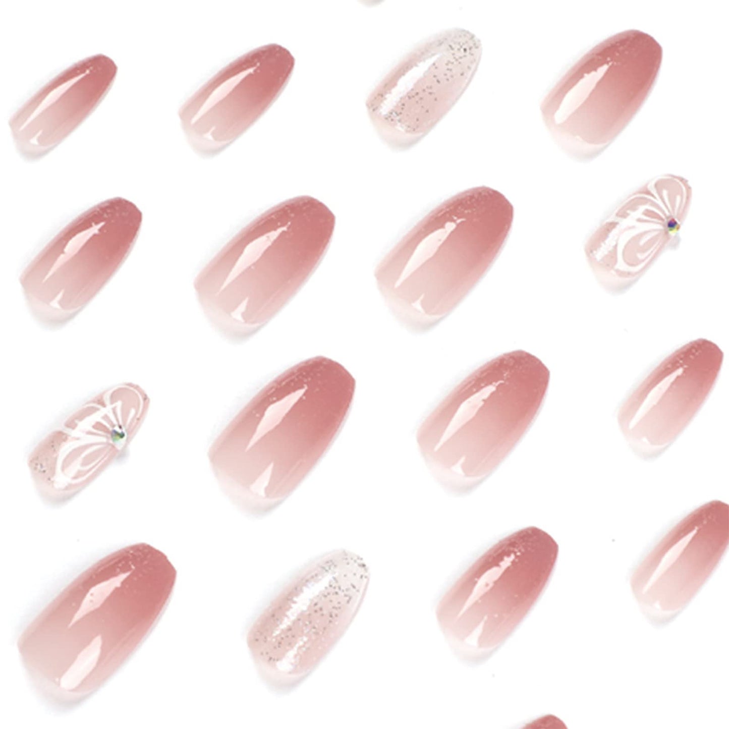 TMUT 24pcs Short Coffin False Nails Pink White Ombre Press on Nails Glitter Pink Stick on Nail with Flower Design Removable Glue-on Acrylic Full Cover Fake Nail Tips Women Spring Summer Accessories