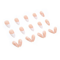 JUSTOTRY 24 Pcs Stiletto Almond False Nails Short, White French Press on Nails with Flower Pattern, Nude Fake Nail Short, Oval Stick on Nail for Women, Nails Fake Nail for Nail Art