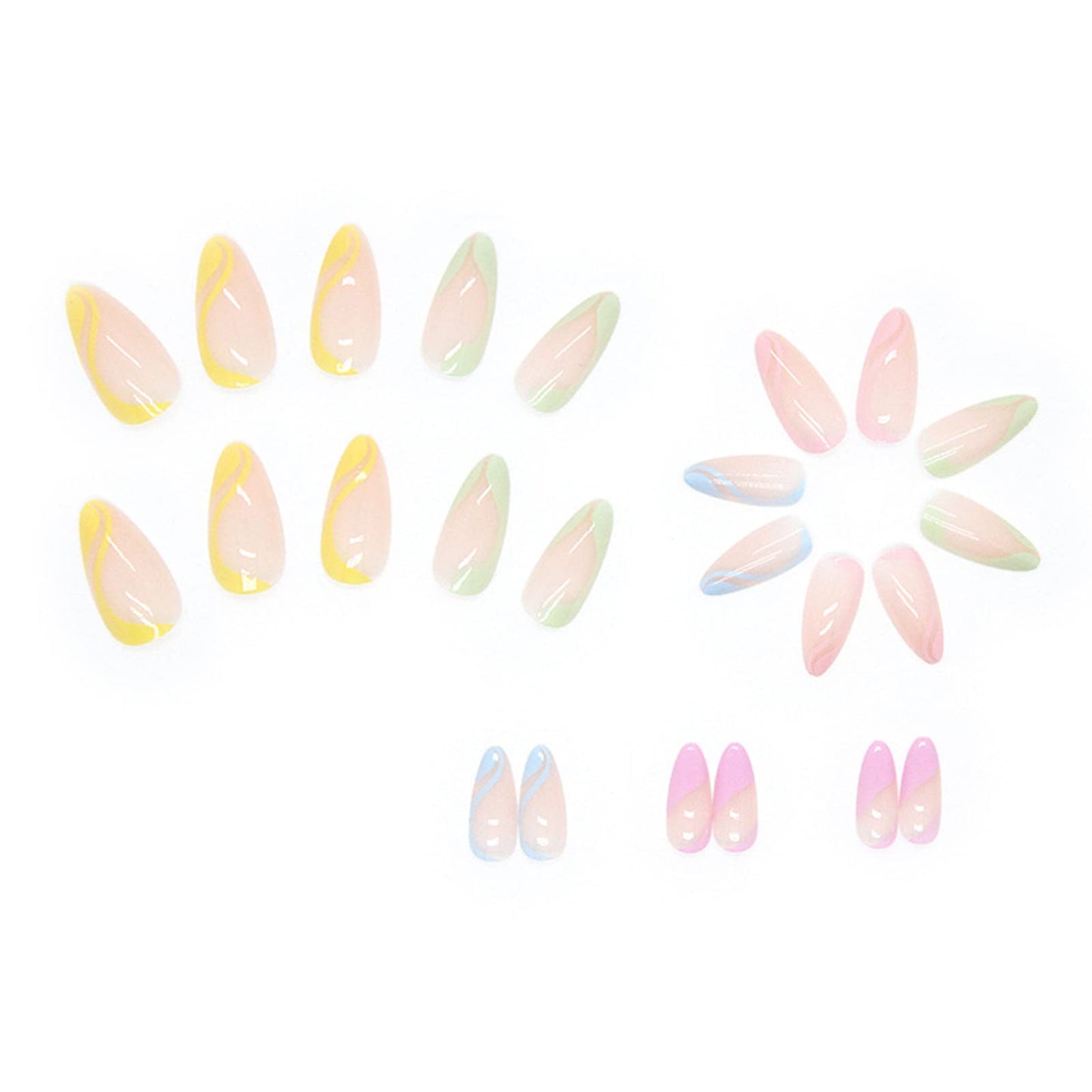 JUSTOTRY 24 Pcs Rainbow Almond Short False Nails,French Tip Press on Nails with Wavy Pattern,Pastel Fake Nails Medium,Oval Stick on Nails for Women Nails Art