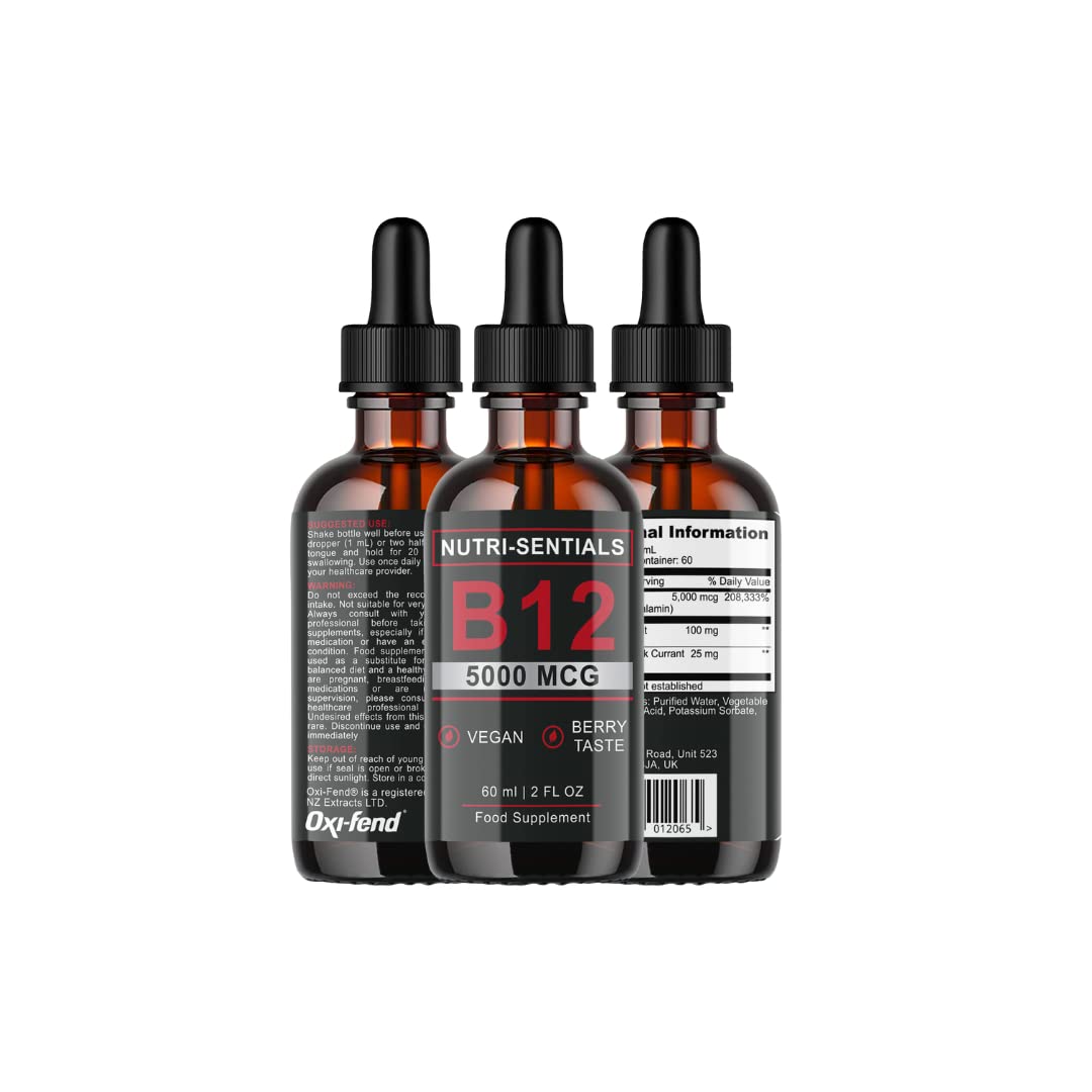 Vitamin B-12 Liquid Drops - 5000 mcg Methylcobalamin High Strength Supplement, for Increasing Metabolism, Immunity, Energy and Improving Concentration & Mood - Vegan Berries Flavour, 60ml