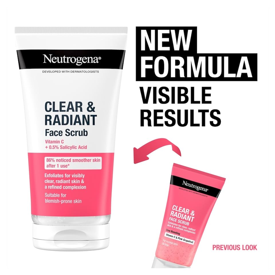 Neutrogena Clear & Radiant Face Scrub, Pack of 4 x 150ml, Glow Boosting with Vitamin C, Oil-Free, Exfoliates for Clear, Refined Skin