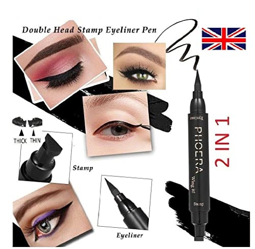 Phoera PHOERA 2 in 1 Wing Cat Eye Liner + Stamp Winged Long Lasting Liquid Eye Liner Waterproof & Smudge proof Makeup Black Eyeliner Pen Winged Eyeliner Pencil - AQUAPURITY (THIN STAMP)
