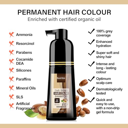 Royal Glow Hair Colour Shampoo For Men & Women | 5-Minute 200ml | Natural Ingredients | Vitamin B5 | 3-in-1 (Dark Brown)