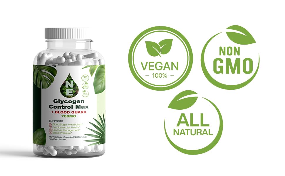 N E Glycogen Control Max| Glyco Care and Guard| Vegan | Natural Supplement| 120 Capsules| 700mg |Gluten-Free| 120 Servings | 60 Days Supply| No Additives or Fillers