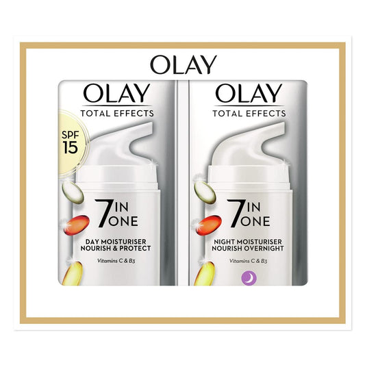 Olay Total Effects Face Cream Skin Care Sets & Kits, Day & Night Cream, Face Moisturiser Pamper Gifts For Women With Vitamin C, B3 and SPF 15, 7in1 Nourish and Protect 2 x 37ml