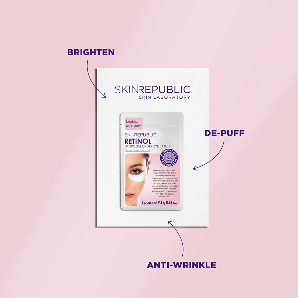 Skin Republic Retinol Hydrogel Under Eye Patches, Brightens Dark Circles, Helps Smooth Skins Texture, Enriched wih Vitamin B5, Pack of 3