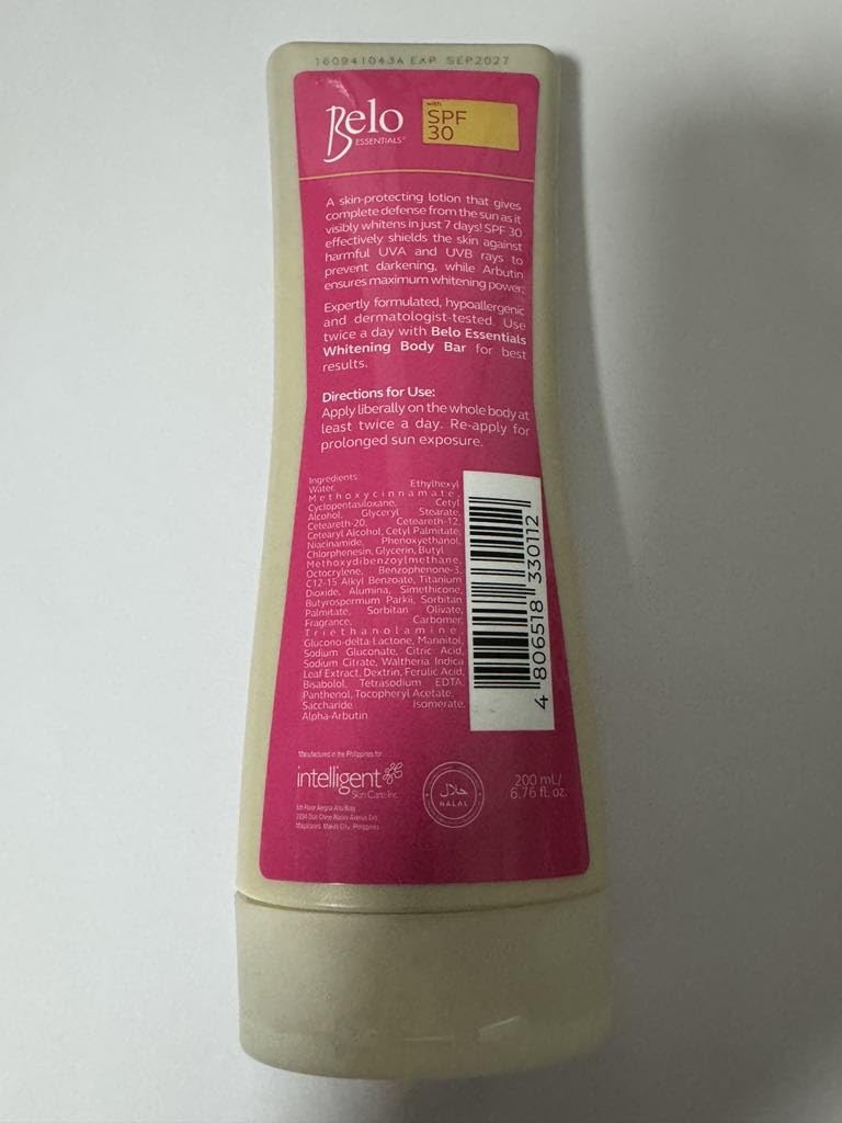 Belo Essentials Whitening Lotion with Skin Vitamins, Paraben-Free, Hypoallergenic, 200mL