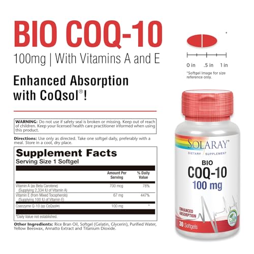 SOLARAY Bio CoQ-10 100 mg | Enhanced Absorption | Vitamins A & E | Healthy Heart & Cellular Energy Support (30 CT)