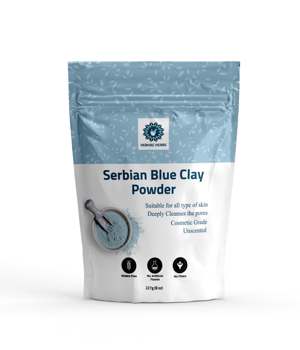 Hebhac Herbs Serbian Blue Clay Powder 227 g for Facial Masks, Creams, Skin Tightening, Body Wraps,Scrubs, and Soap Making.