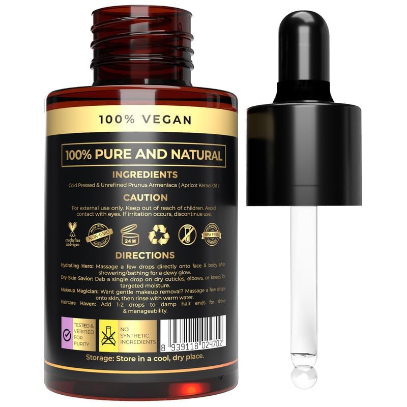 The Organic Forest – VEGAN . PURE . NATURAL USDA Organic Apricot Kernel Oil - Cold-Pressed, Natural for Skin & Hair - Ideal Massage & Scalp Moisturizer - Pure Apricot Seed Oil, 1 fl. Oz
