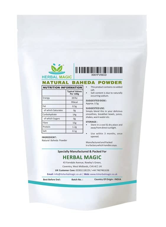 Herbal Magic's Pure & Natural Baheda Powder/Bibhitaki Fruit Powder - Super Smoothies, Shakes, soups - Premium Quality Powder - Free from Fillers & Preservatives - 100g