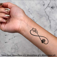 Azeeda 4 x 'Infinity Hearts & Paw' Temporary Tattoos - Water Resistant, Skin-Safe, Non-Toxic Transfers, Mixed Sizes (TO00046461)