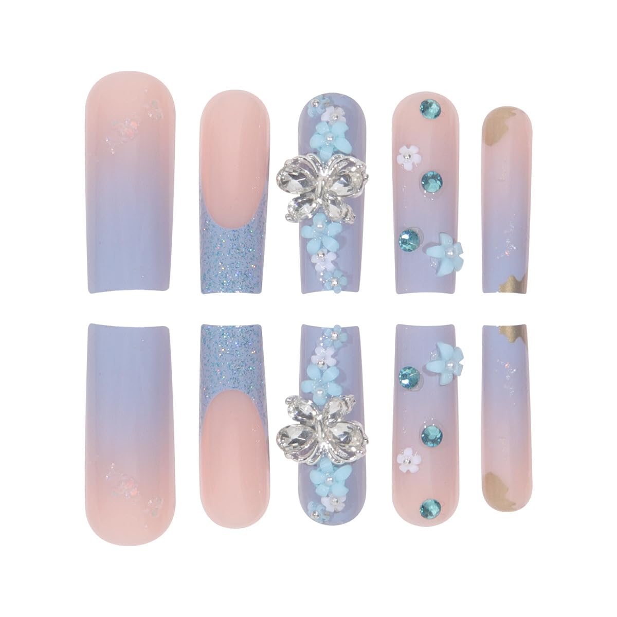 Maggidea Square False Nails, Blue Acrylic Nails, 24pcs Extra Long Butterfly Nails with Glue