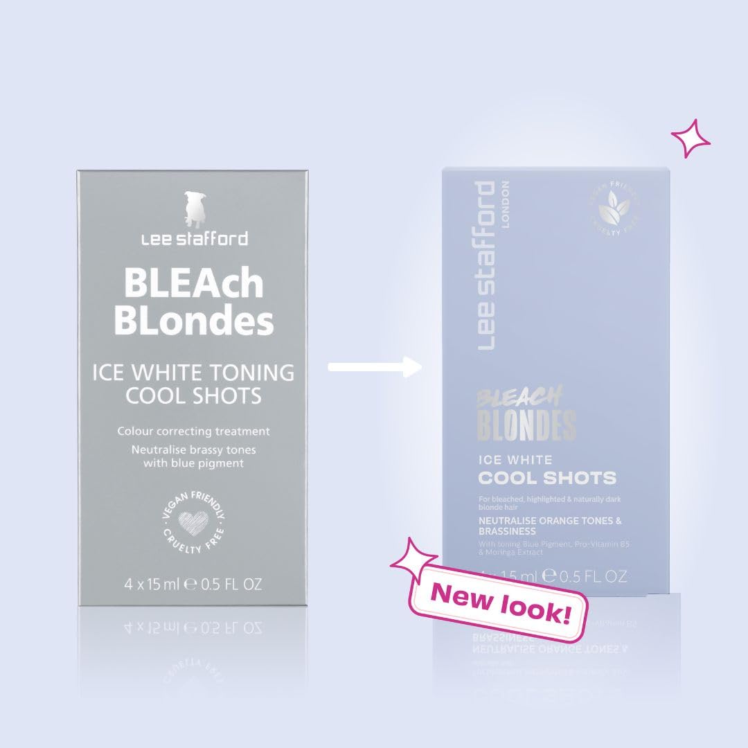 Lee Stafford Blue Pigment Toning Hair Treatments | Bleach Blondes Ice White Hot Shots - Power Dose Treatments, Corrects Brassy & Orange Tones, Great for Highlighted, Cool Hair, 4 x 15ml Doses