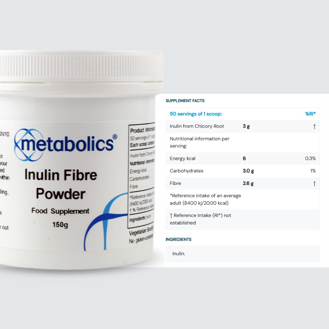 Metabolics Inulin Fibre Powder- 150g Pot- from Chicory Root with No Added Ingredients Made in The UK