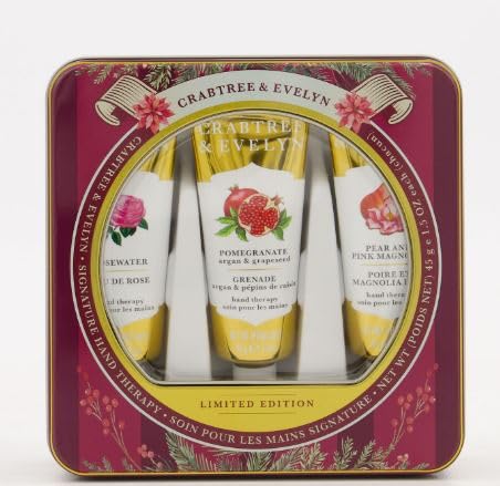 Crabtree & Evelynn Hand Therapy Gift Set in a Tin (Green Tin - Rosewater - Pomegranate Argan & Grapeseed - Pear and Pink Magnolia)