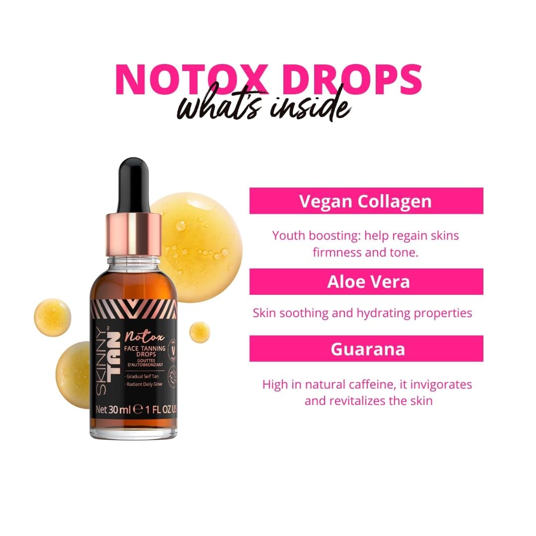 Skinny Tan Notox Moisturising Face Tanning Drops - Gradual Fake Tan Face Serum with Vegan Collagen, Cruelty-Free, Paraben Free & Vegan Skincare - Dark Self Tan, 30ml