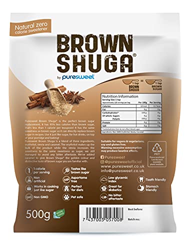 Brown Shuga® by Puresweet 500g, Natural Brown Sugar Alternative, No Bitter Aftertaste, Keto and Diabetic Friendly, Non GMO, Vegan, with Stevia.