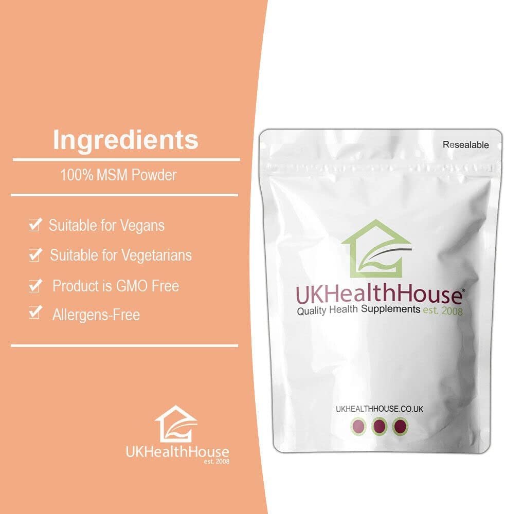 UKHealthHouse 100% Pure MSM Powder 100g – Vegan Methylsulfonylmethane Supplement – Joint, Muscle & Collagen Support – Food Grade Sulphur for Detox & Inflammation Relief