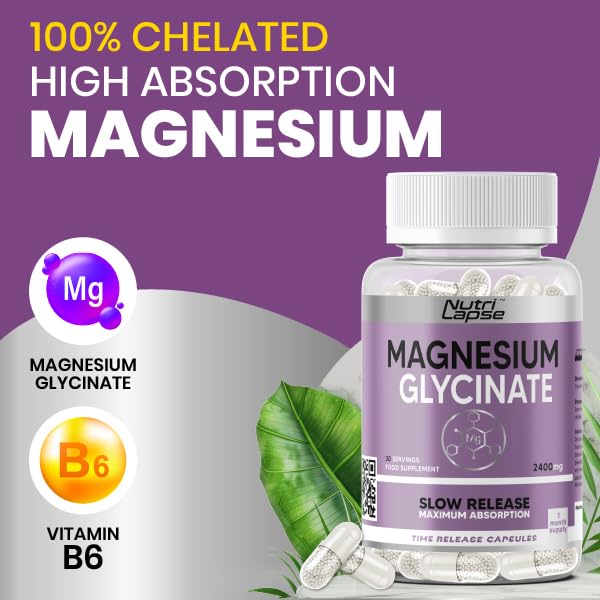 Nutri Lapse Nutrilapse™ Magnesium Glycinate (Bisglycinate) with Vitamin B6, High Bioavailability Granular Technology Sustained Release Capsules, 2400mg Magnesium Delivering 340mg Magnesium Elemental, 4mg Vitamin
