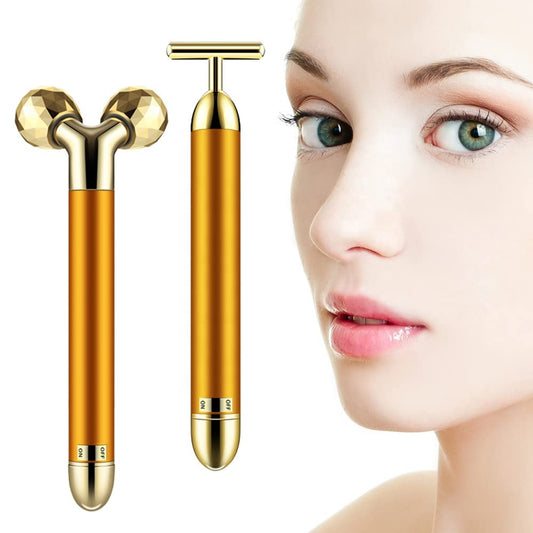 Generic 2 IN 1 Face Massager Roller Gold Facial Massager, Electric 3D Face Roller and T Shape Arm Eye Nose Head Massager Instant Face Lift Anti Wrinkles