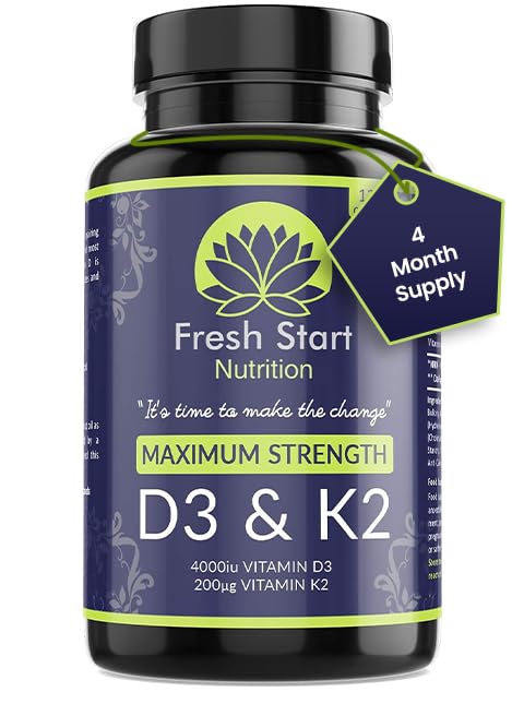 Fresh Start Nutrition Vitamin D3 4000 IU and Vitamin K2 200µg MK7 - Vitamin D3 K2 High Strength Supplement - 120 Capsules 4 Month Supply Cholecalciferol - K2 Menaquinone-7 - Made in The UK