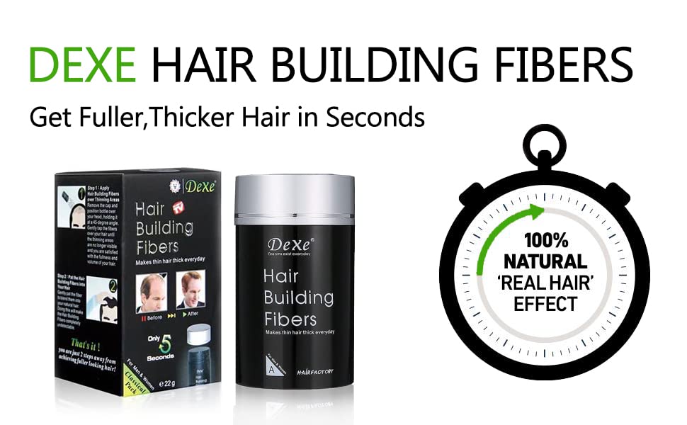 Dexe Hair Building Fibers - Thickening Fiber for Women and Men-Gentle Plant Formula-Hypoallergenic-Natural Look - Hair Loss Concealer Powder for Thicker Fuller Hair - .77oz (Dark brown)