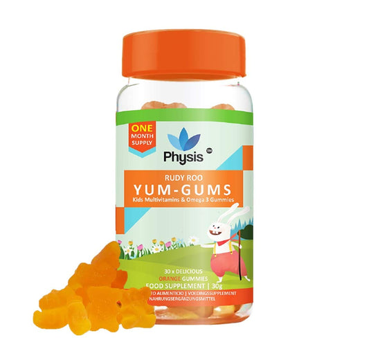 Physis Kids Multivitamin Gummies | Ages 2+ | 30 Orange Flavour Chewable Vitamin with Vitamins C, D, Omega 3 & More | Kids Vitamins Chewies for Cognition, Energy & Support Growth | Children's Vitamins