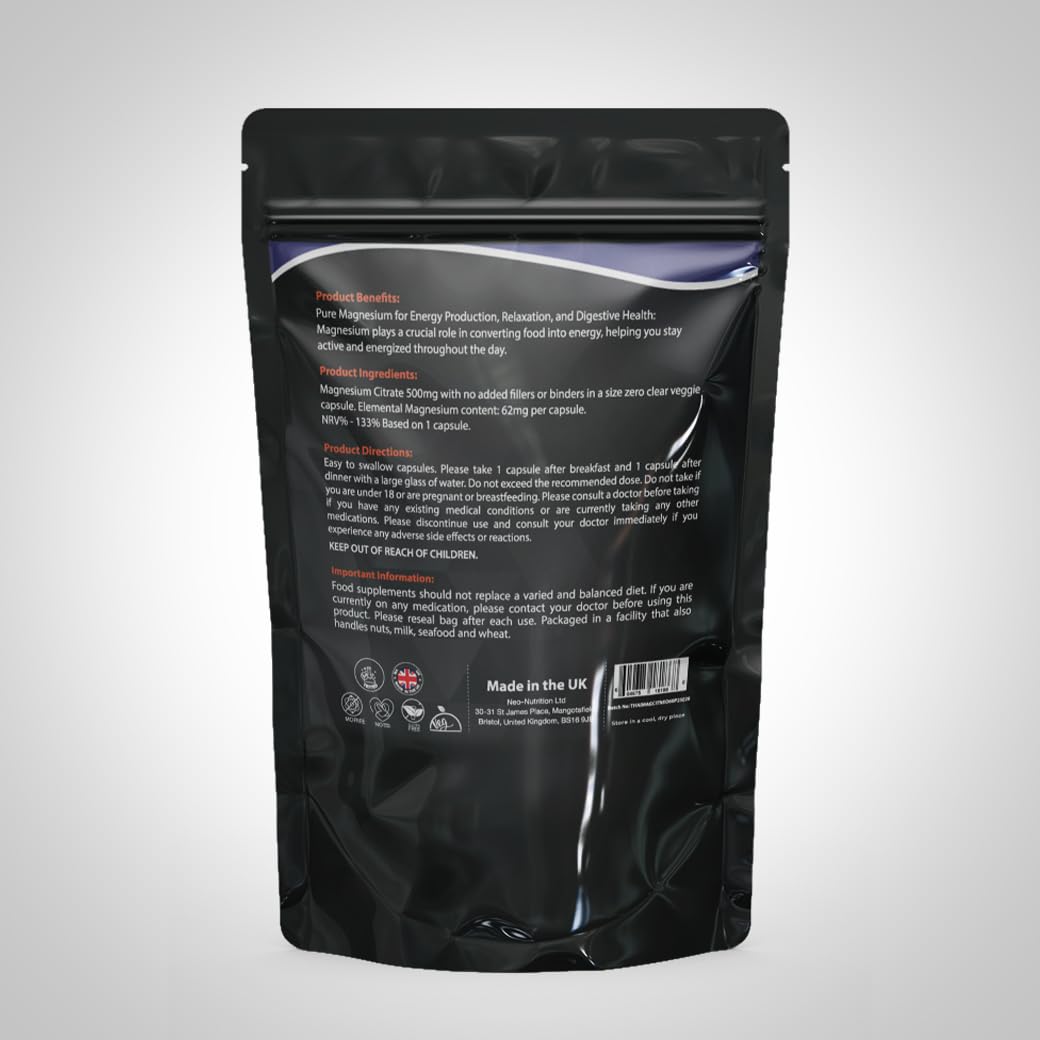 NEO-NUTRITION Magnesium Citrate 500MG for Calm, Relaxation, Constipation & Digestion Health Support | High Absorption Supplement with Elemental Magnesium Oxide | Non-GMO, Soy-Free | 60 Capsules