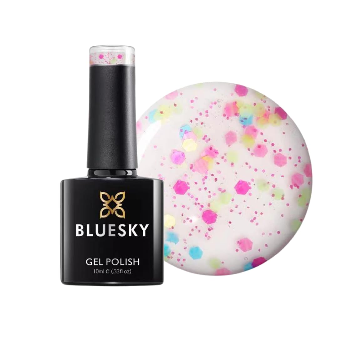 BLUESKY Bluesky Gel Nail Polish, Confetti Pop, Clear Base, Multicoloured Glitter, Long Lasting, Chip Resistant, 10ml (Requires Drying Under UV LED Lamp)