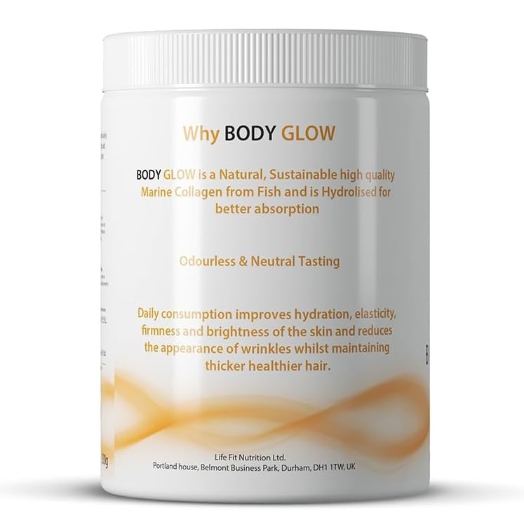 Life Fit Nutrition Body Glow Marine Collagen Powder |10,000mg with Hyaluronic Acid & Vitamin C | Hydrolysed for High Absorption | Type 1 Marine Collagen from Fish | Unflavoured, Odourless and Neutral | 29 Servings 300g