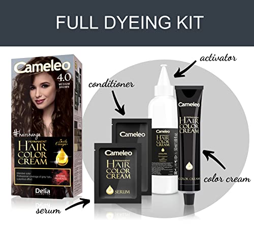 Delia Cosmetics Cameleo - Permanent Hair Colour Cream - Medium Brown - Intensive Color & Protection - 5 Oils + Omega Plus Acids - Professional, Luxurious Hair Dye - Full Kit