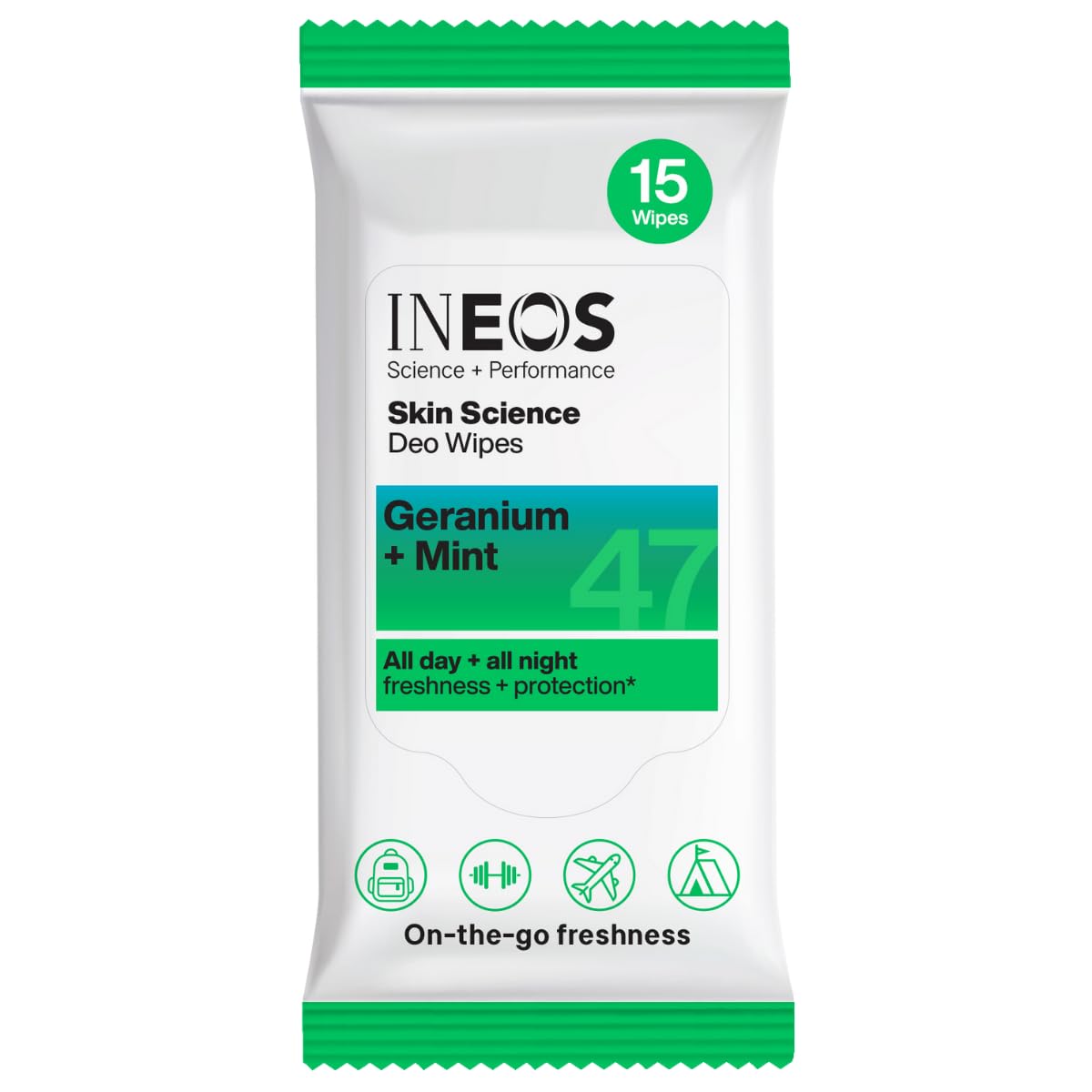 INEOS Hygienics INEOS Skin Science Deo Wipes - 15 wipes - All Day + All Night Freshness + Protection - Geranium + Mint - On-the-go Freshness - With SkinActiv Cooling Tech™ - Plant Powered