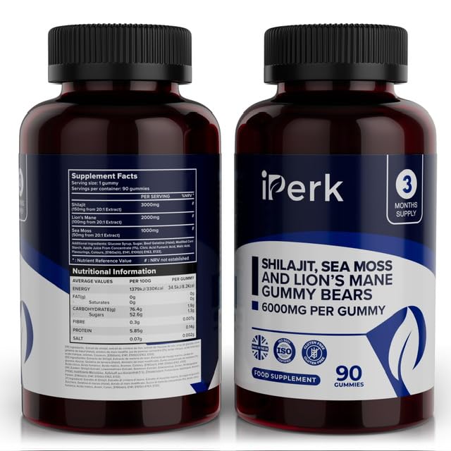 iperk iPerk Shilajit, Sea Moss & Lion’s Mane Gummy Bears | 3,000mg Shilajit | 6,000mg Total Per Gummy | 90ct | 3-Month Supply | Made in The UK | Halal | Natural Wellness Support