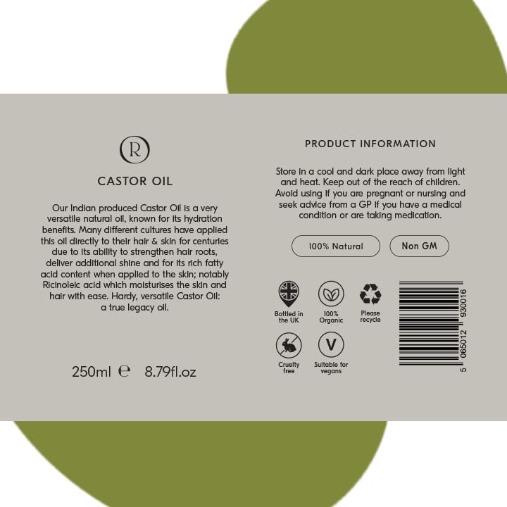 Roots Organic Castor Oil. Suitable for Vegans & Cruelty Free. Full of Essential Fatty acids with Anti-inflammatory Properties. Nourishes Skin and Promotes Healthy and Shiny Hair