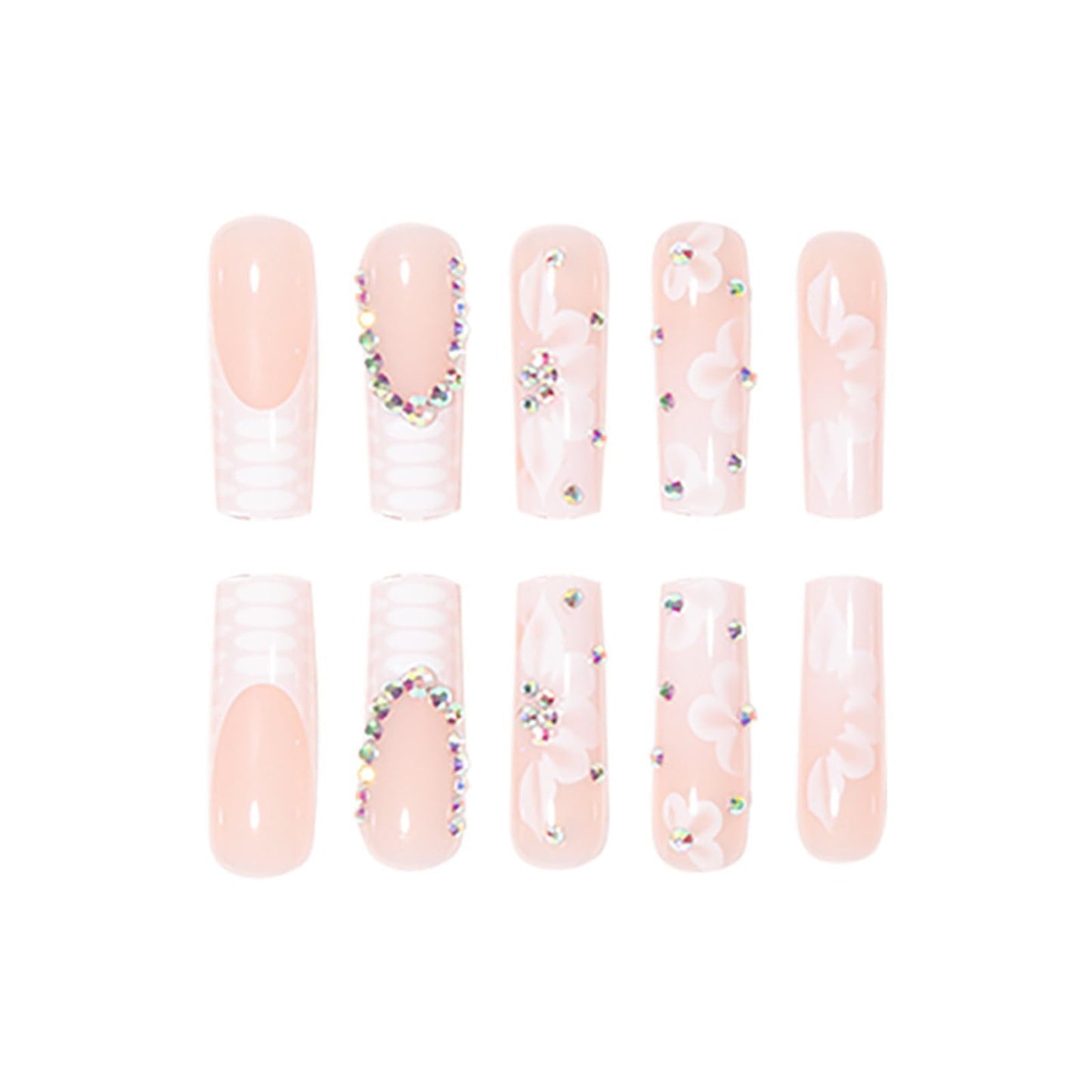 Angwis 24pcs Extra Long Square French White Tip Press on Nails With Rhinestone Flower - Removable Glue-on Full Cover Fake Nails for Women - Bridal Nail Art Accessories