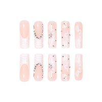 Angwis 24pcs Extra Long Square French White Tip Press on Nails With Rhinestone Flower - Removable Glue-on Full Cover Fake Nails for Women - Bridal Nail Art Accessories