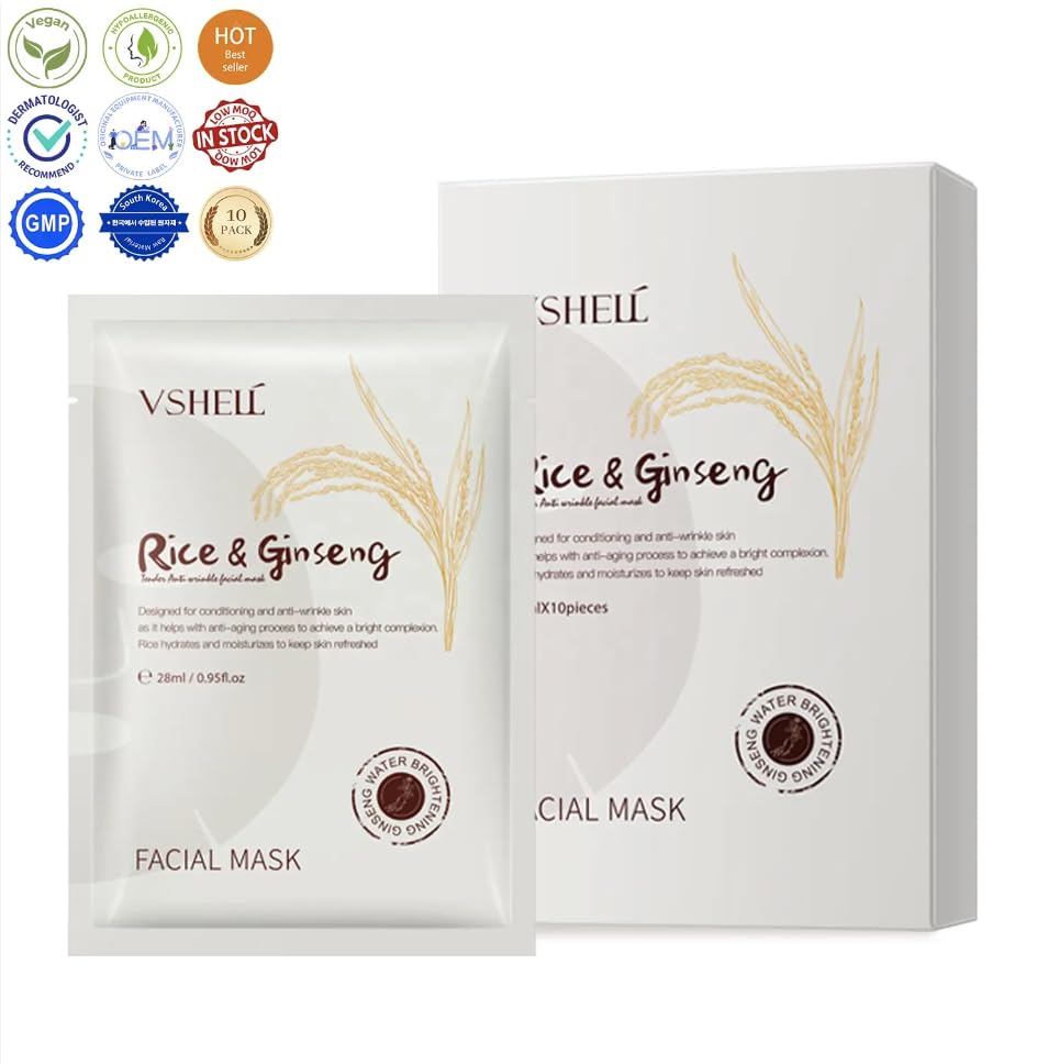 Skincare Facial Mask VSHELL (Pack of 10) Ultimate Facial Sheet Mask Collection: Brightening, Anti-Aging, Hydrating, and Skin Tone Evenness (Collagen)